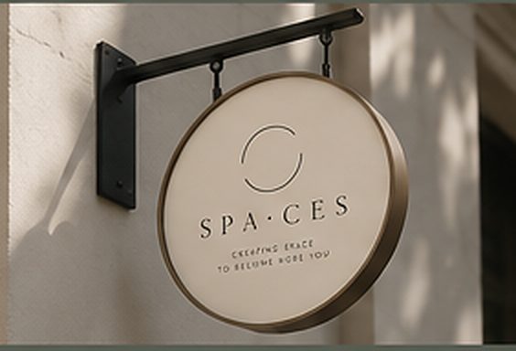 Round SPA·CES sign in soft light
