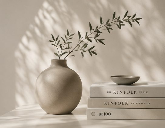 Ceramic vase with olive branch in soft natural light
